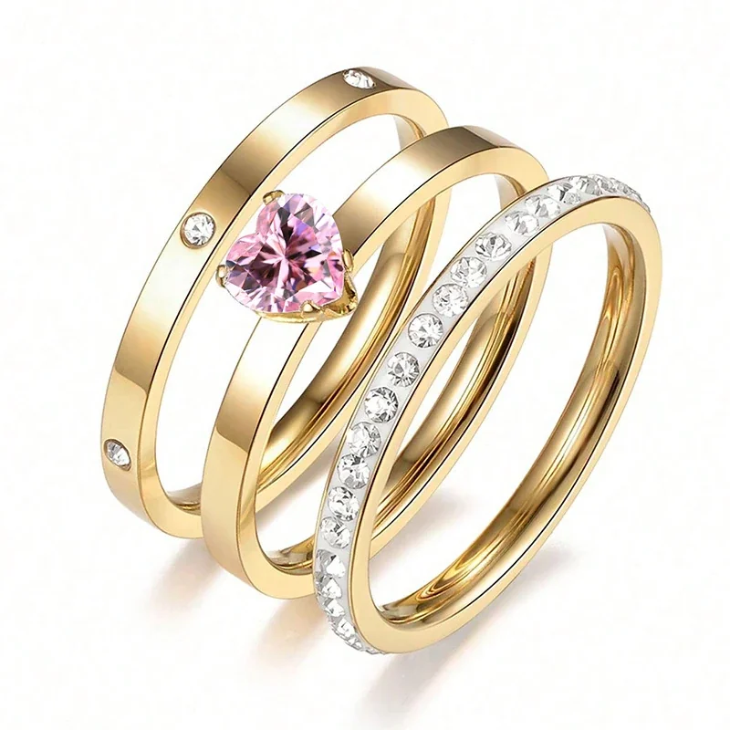 Radiant 18K Gold-Plated Heart Stone Three-Ring Set - Gold Pink CZ
