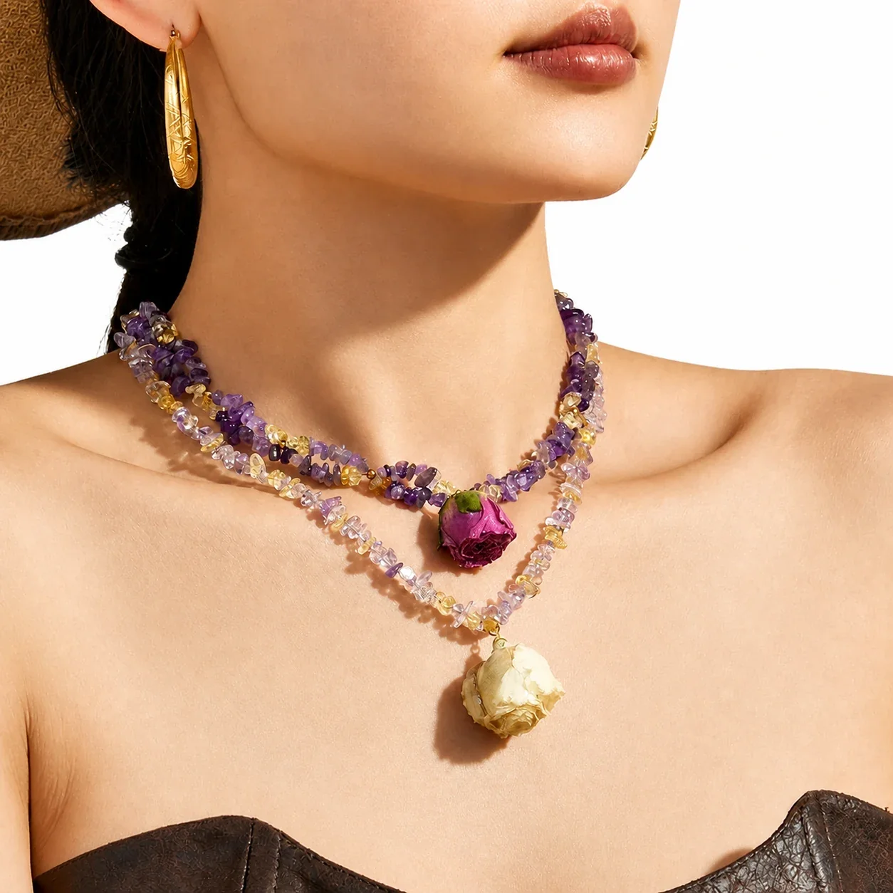Botanical Gold-Plated Stainless Steel Crystal Chip Rose Necklace