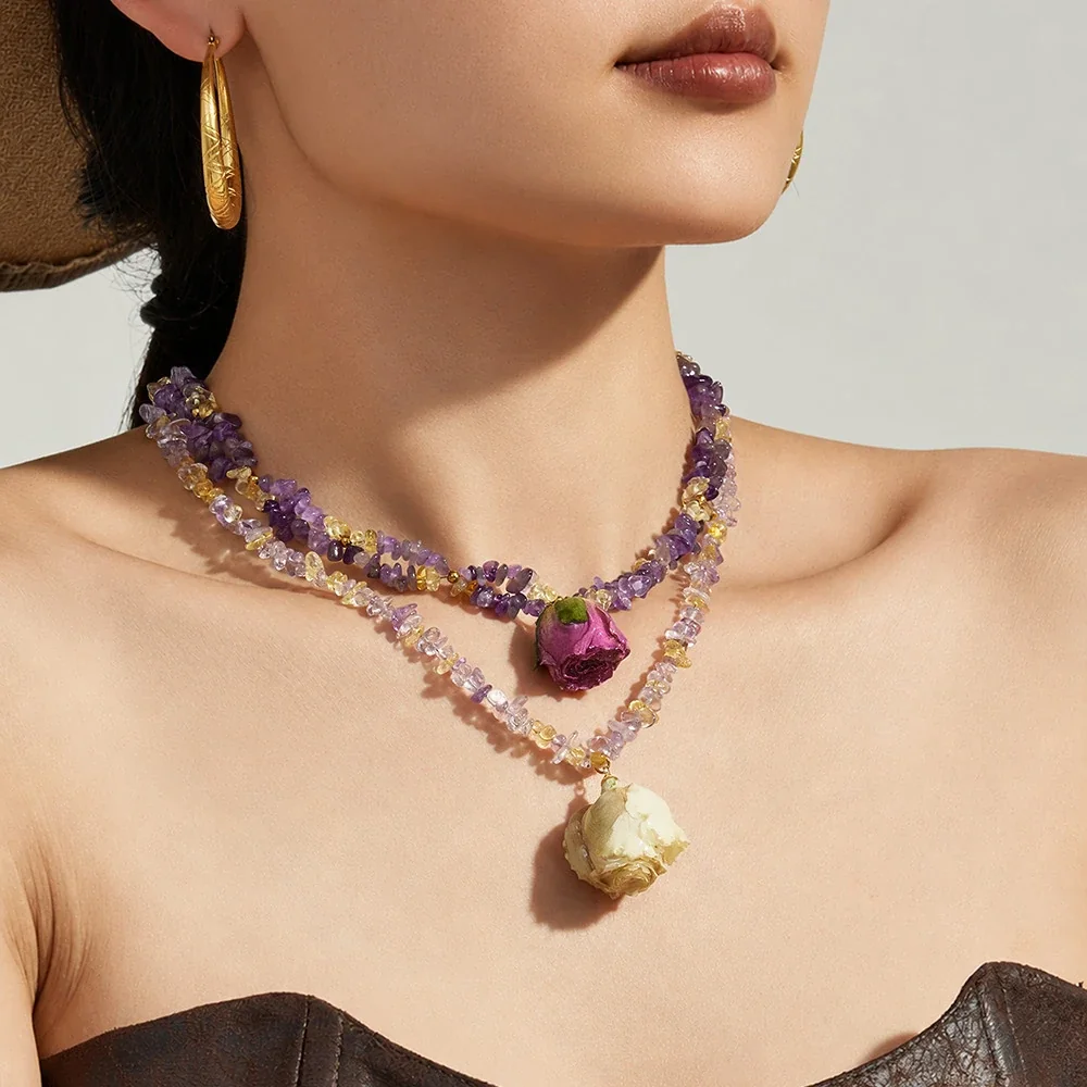 Botanical Gold-Plated Stainless Steel Crystal Chip Rose Necklace
