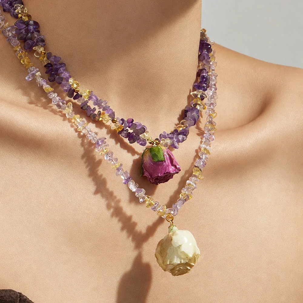 Botanical Gold-Plated Stainless Steel Crystal Chip Rose Necklace