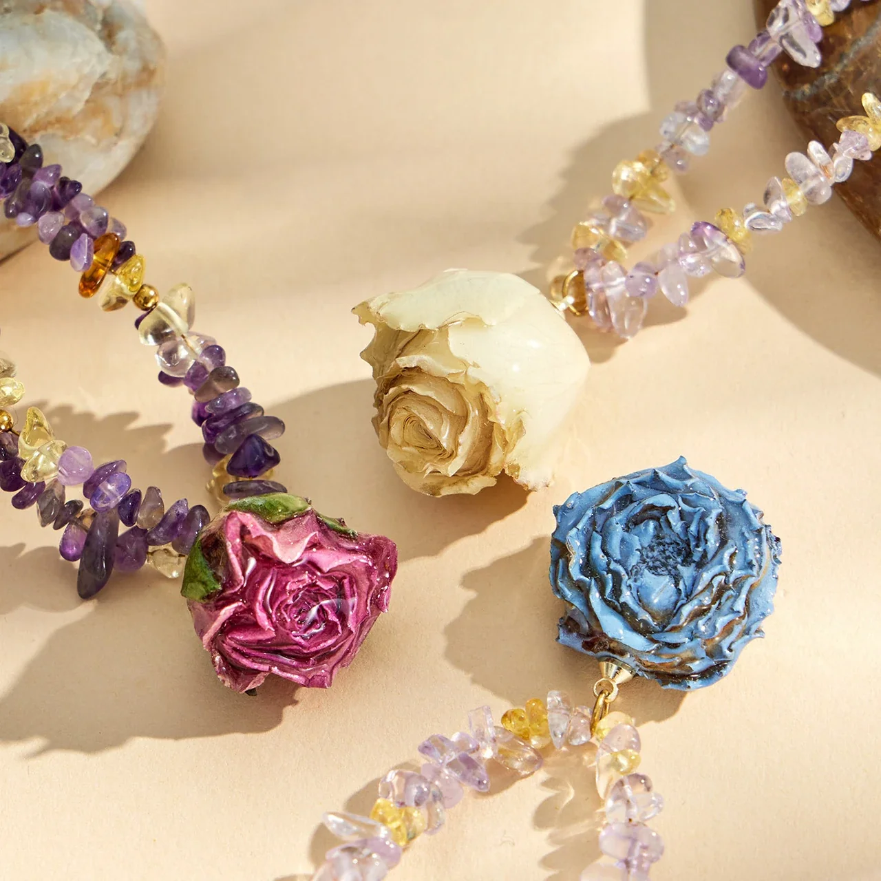 Botanical Gold-Plated Stainless Steel Crystal Chip Rose Necklace