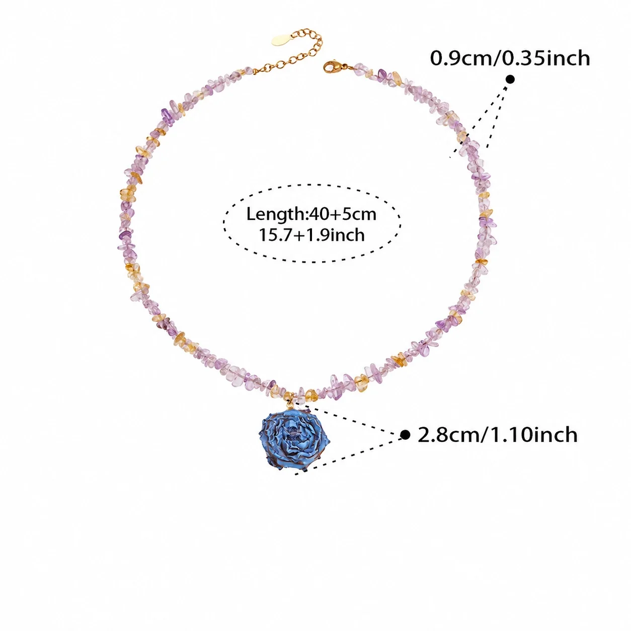 Botanical Gold-Plated Stainless Steel Crystal Chip Rose Necklace - Blue Resin Flower Single-Strand Crystal