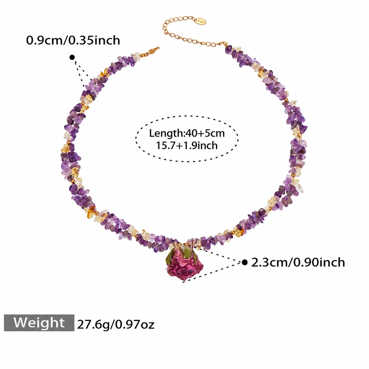 Botanical Gold-Plated Stainless Steel Crystal Chip Rose Necklace - Red Resin Flower Double-Strand Crystal