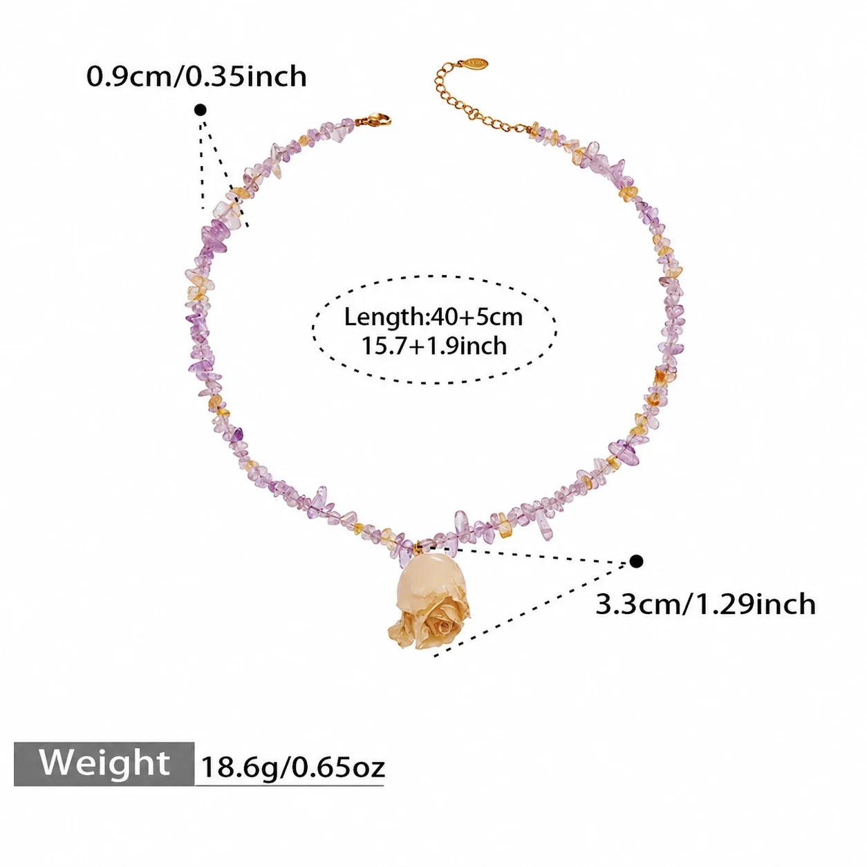 Botanical Gold-Plated Stainless Steel Crystal Chip Rose Necklace - White Resin Flower Single-Strand Crystal