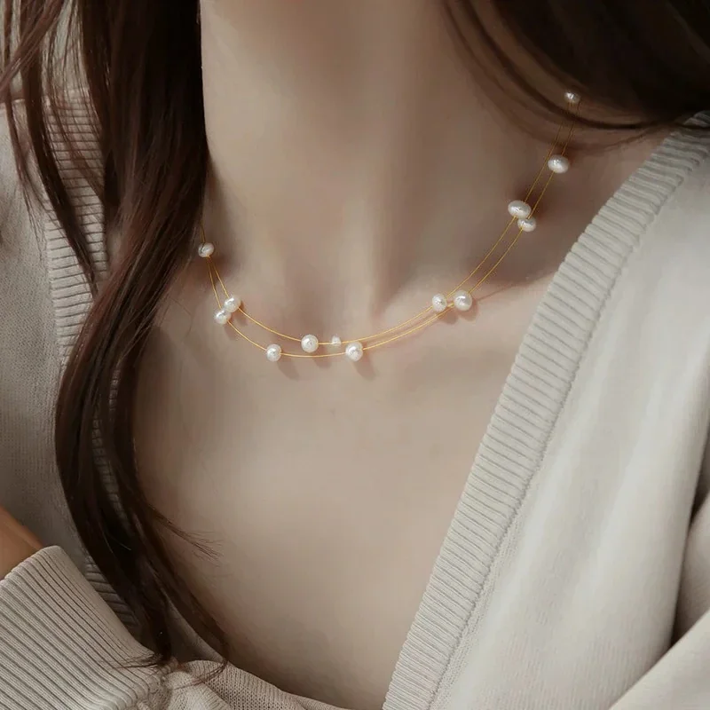Floating Gold-Plated Multi-Strand Pearl Bead Necklace