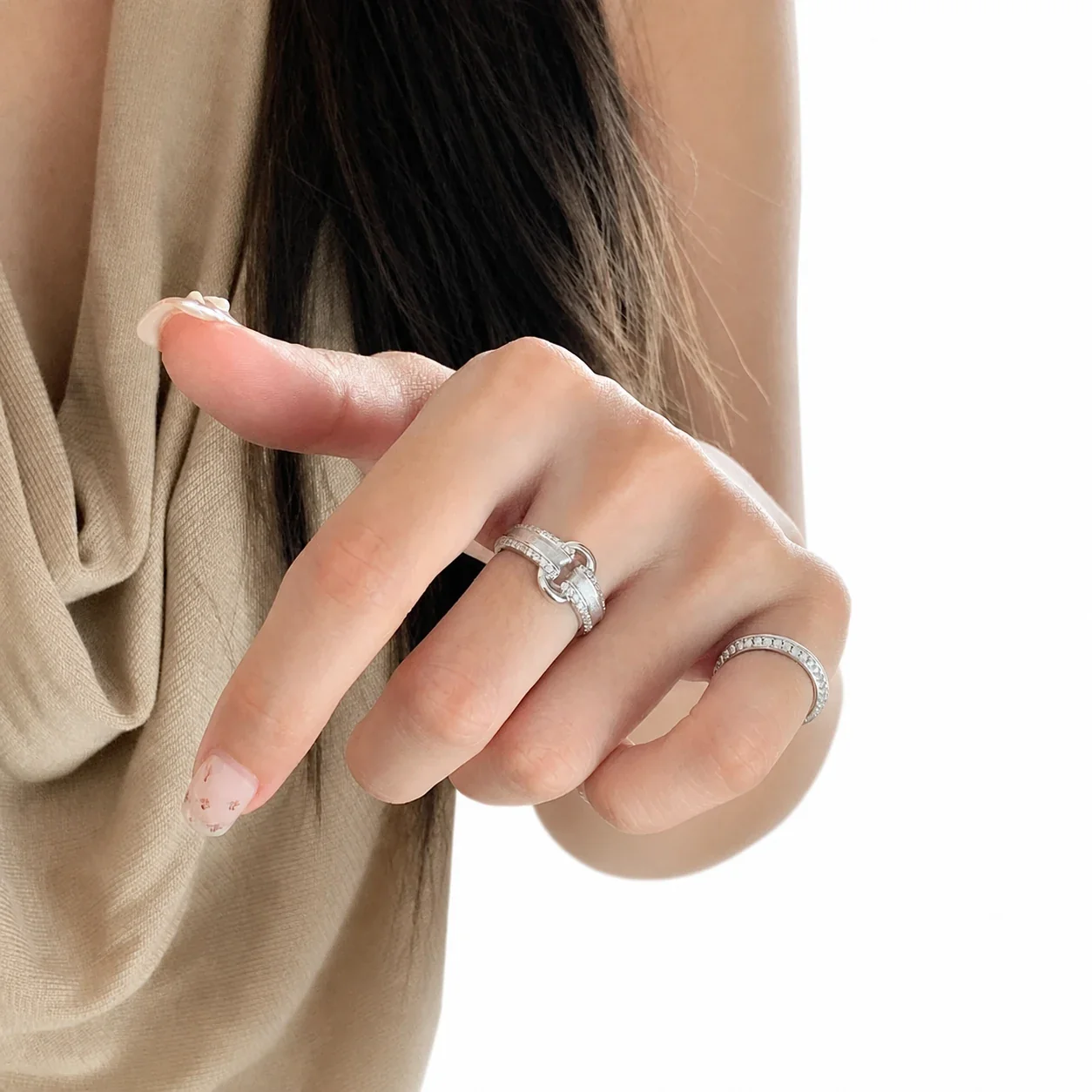 Retro Brushed Buckle Copper Pavé Edge Adjustable Ring