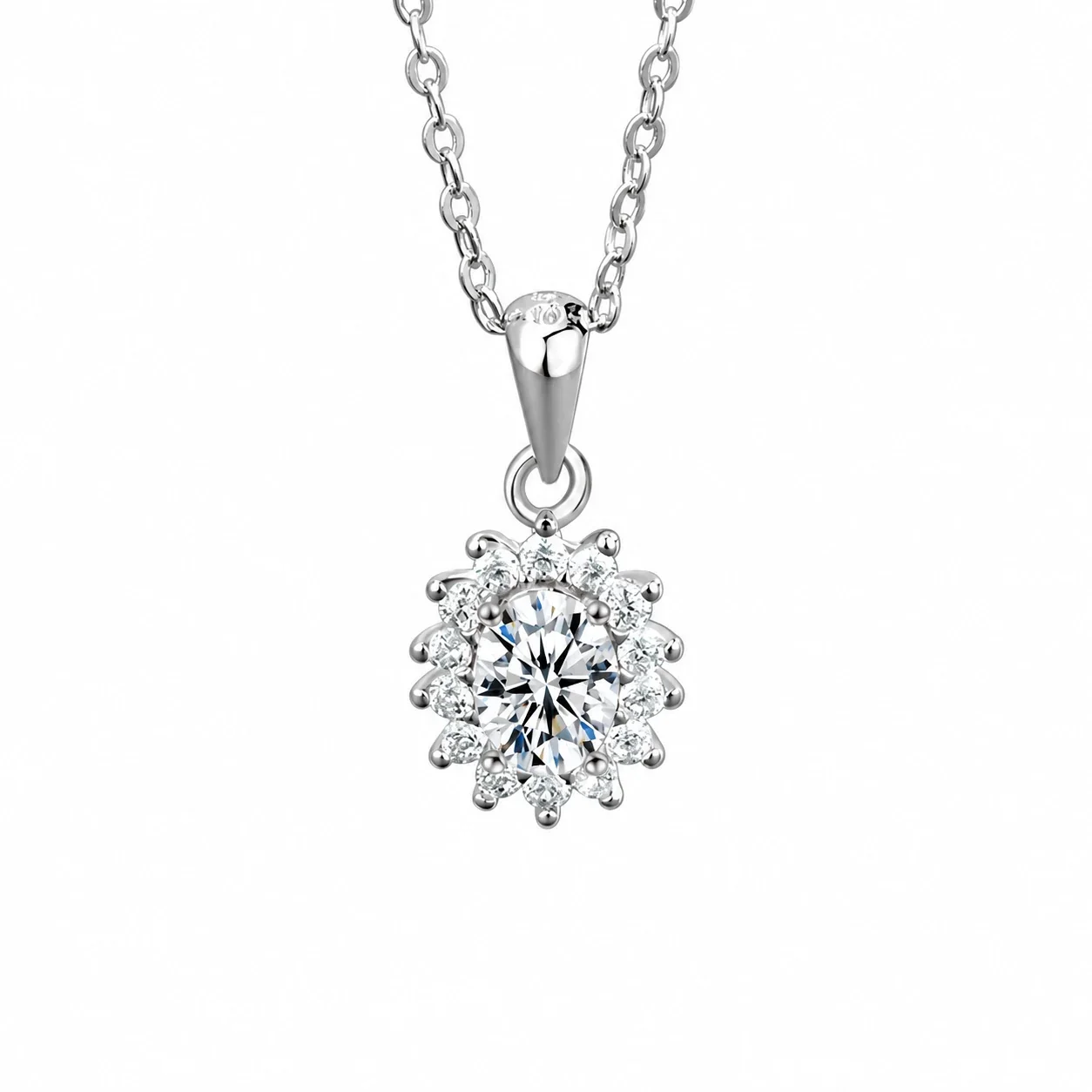 Radiant 925 Sterling Silver Oval Halo Moissanite Necklace