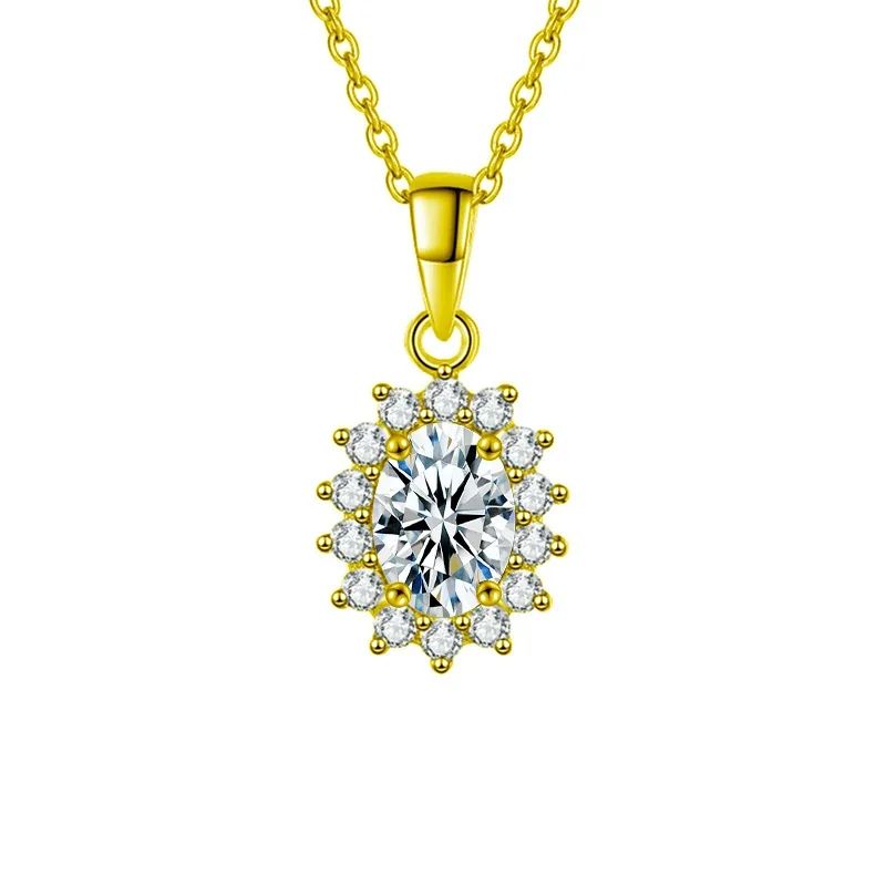 Radiant 925 Sterling Silver Oval Halo Moissanite Necklace - Gold