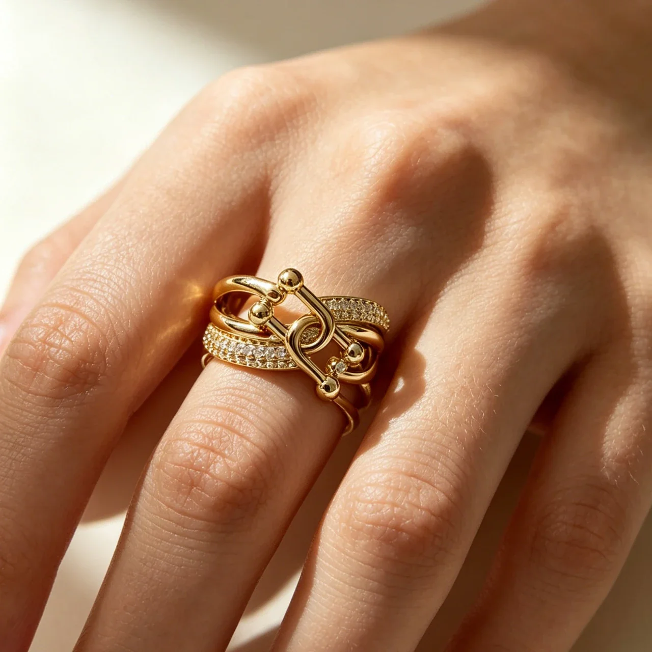 Sculptural Copper Knot Pavé Band Open Ring