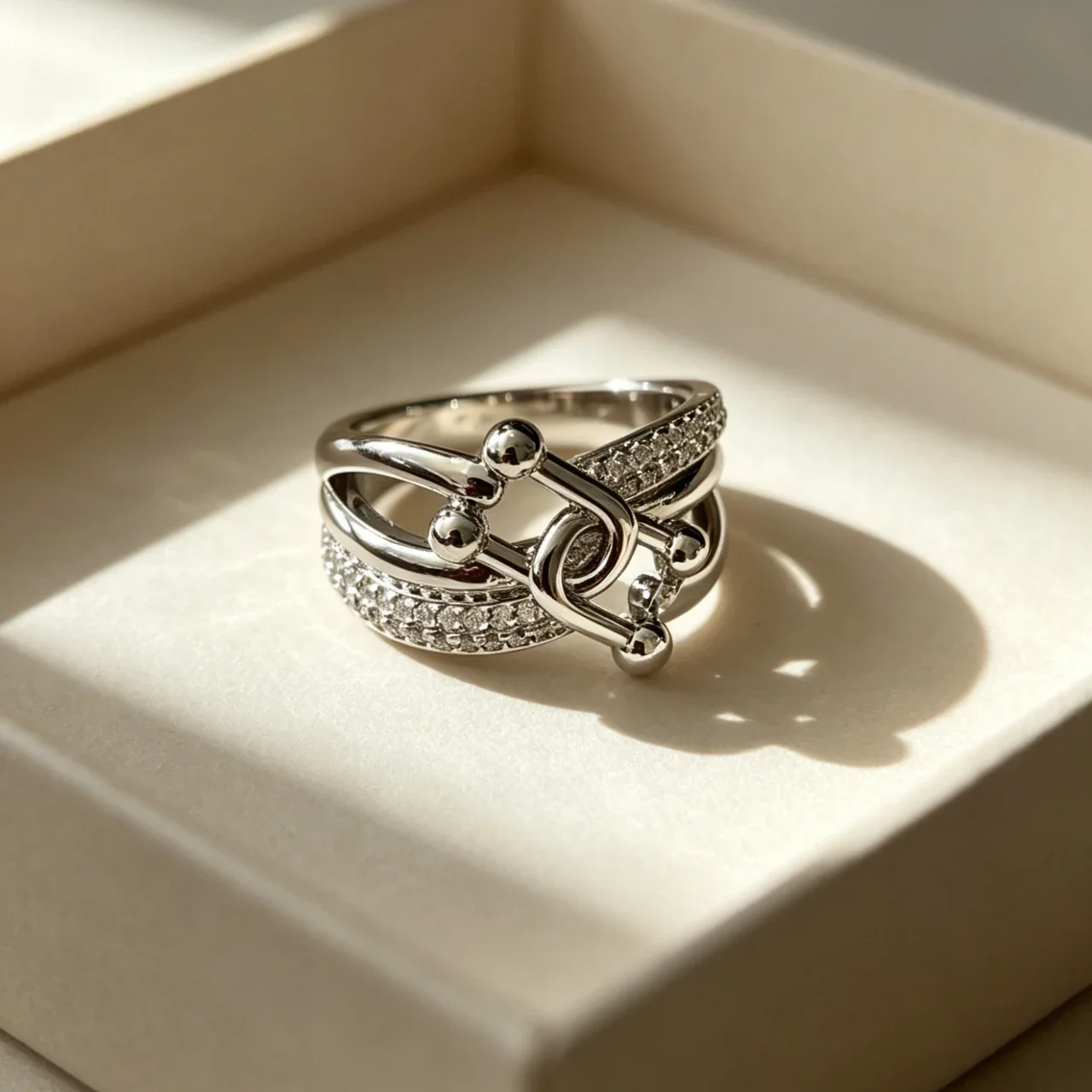 Sculptural Copper Knot Pavé Band Open Ring - Silver