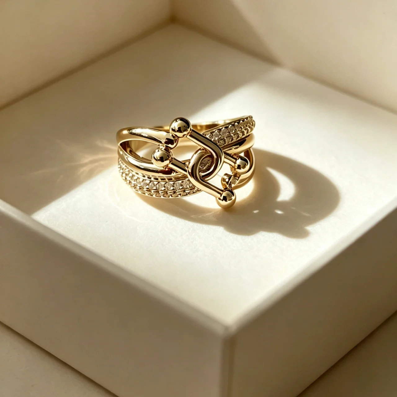 Sculptural Copper Knot Pavé Band Open Ring - Gold
