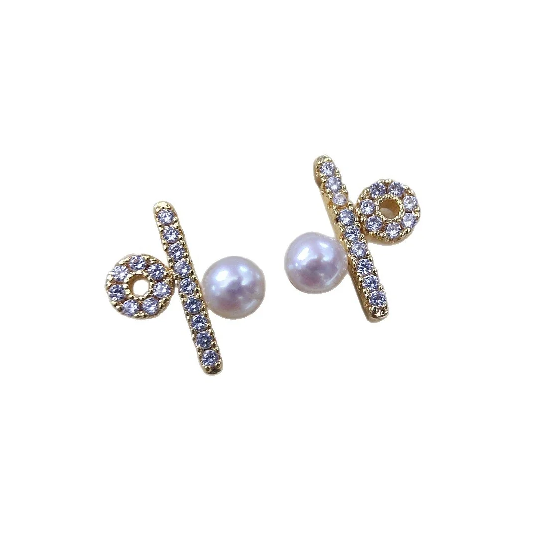 Asymmetric Gold-Plated Pavé Circle Bar Freshwater Pearl Stud Earrings