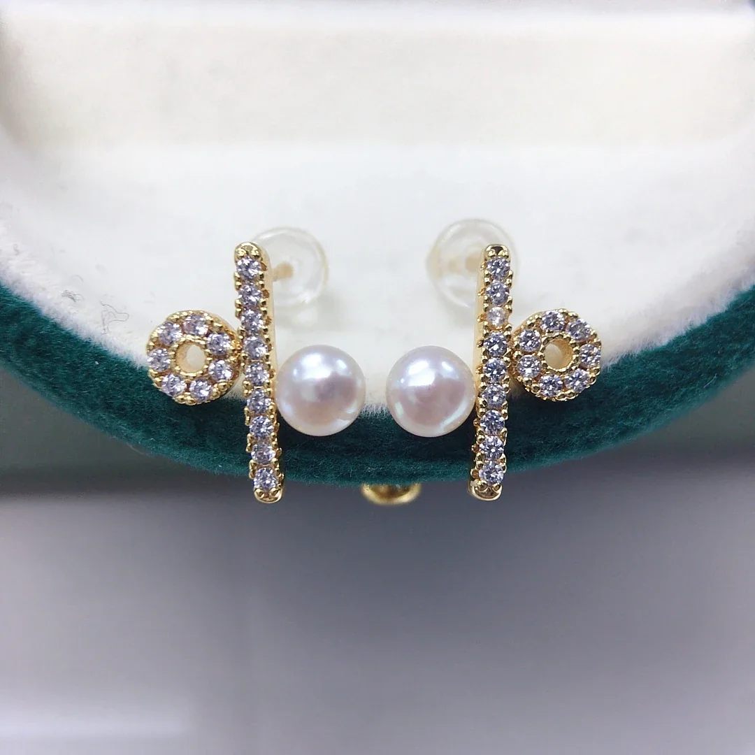 Asymmetric Gold-Plated Pavé Circle Bar Freshwater Pearl Stud Earrings