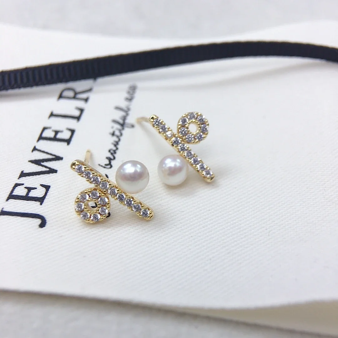 Asymmetric Gold-Plated Pavé Circle Bar Freshwater Pearl Stud Earrings