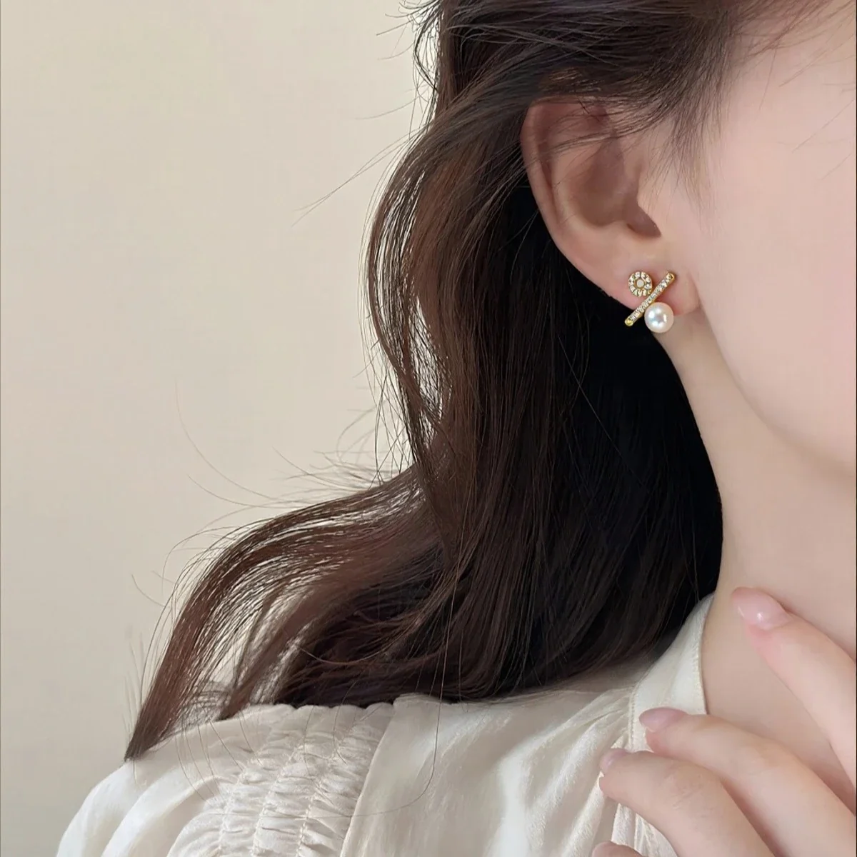 Asymmetric Gold-Plated Pavé Circle Bar Freshwater Pearl Stud Earrings