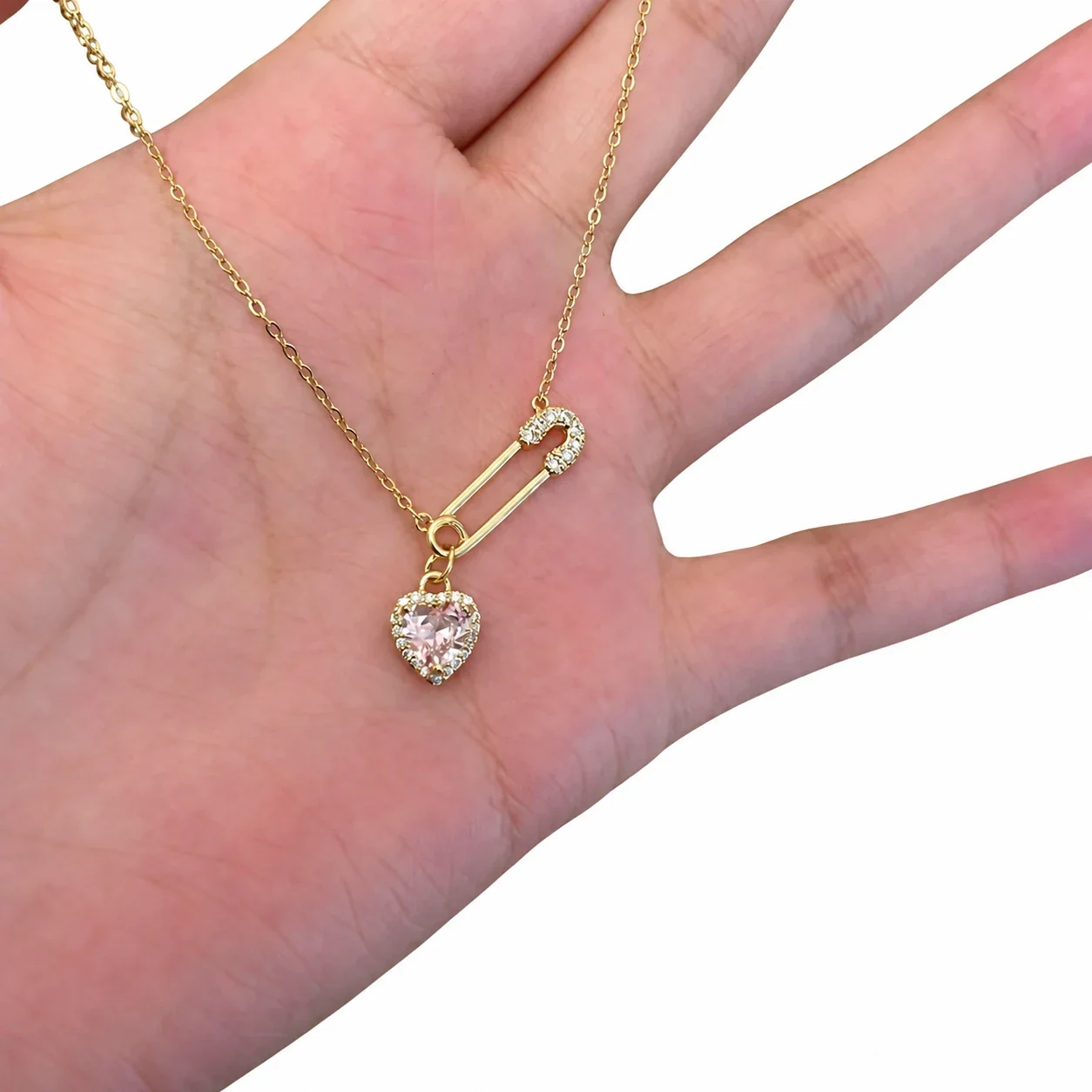 Romantic 925 Sterling Silver Pavé Safety Pin Heart Necklace