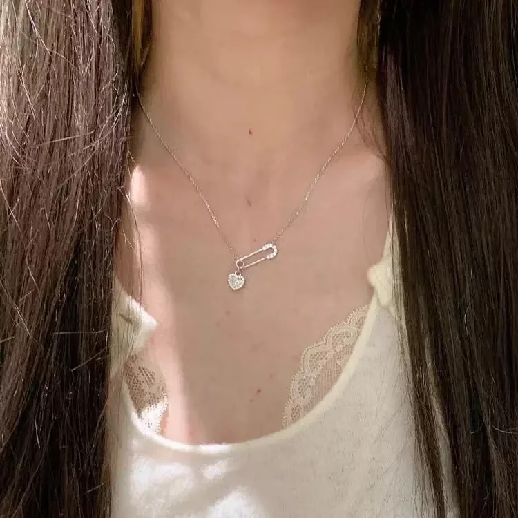 Romantic 925 Sterling Silver Pavé Safety Pin Heart Necklace