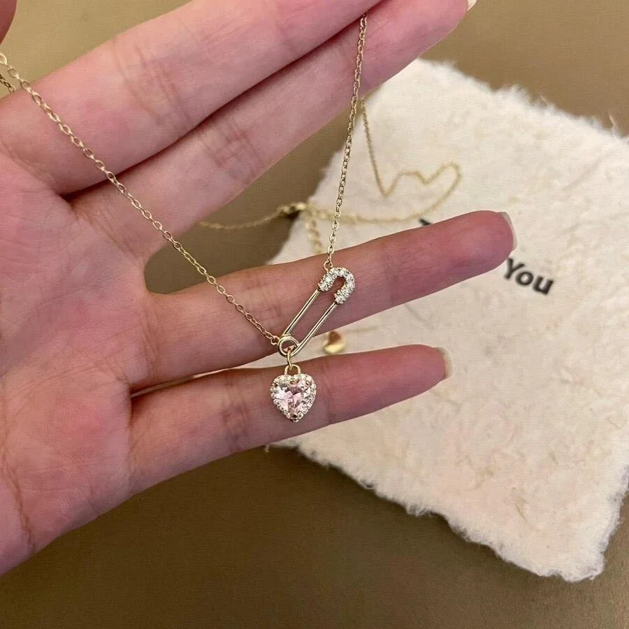 Romantic 925 Sterling Silver Pavé Safety Pin Heart Necklace