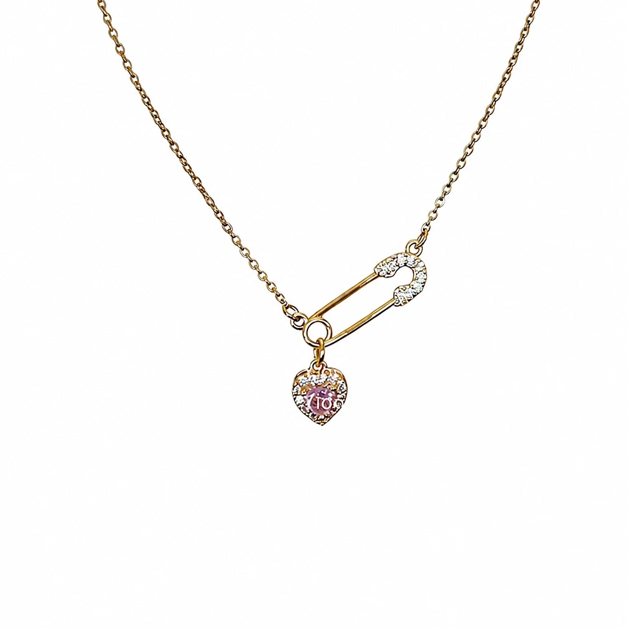 Romantic 925 Sterling Silver Pavé Safety Pin Heart Necklace