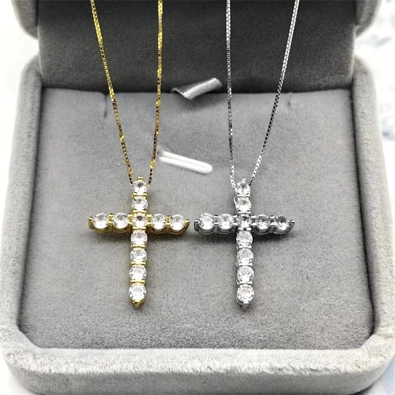 Prong-Set Round CZ Cross 925 Sterling Silver Necklace