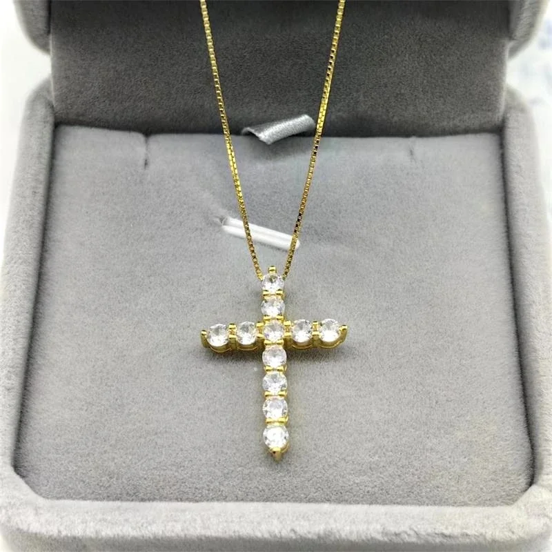 Prong-Set Round CZ Cross 925 Sterling Silver Necklace - Gold