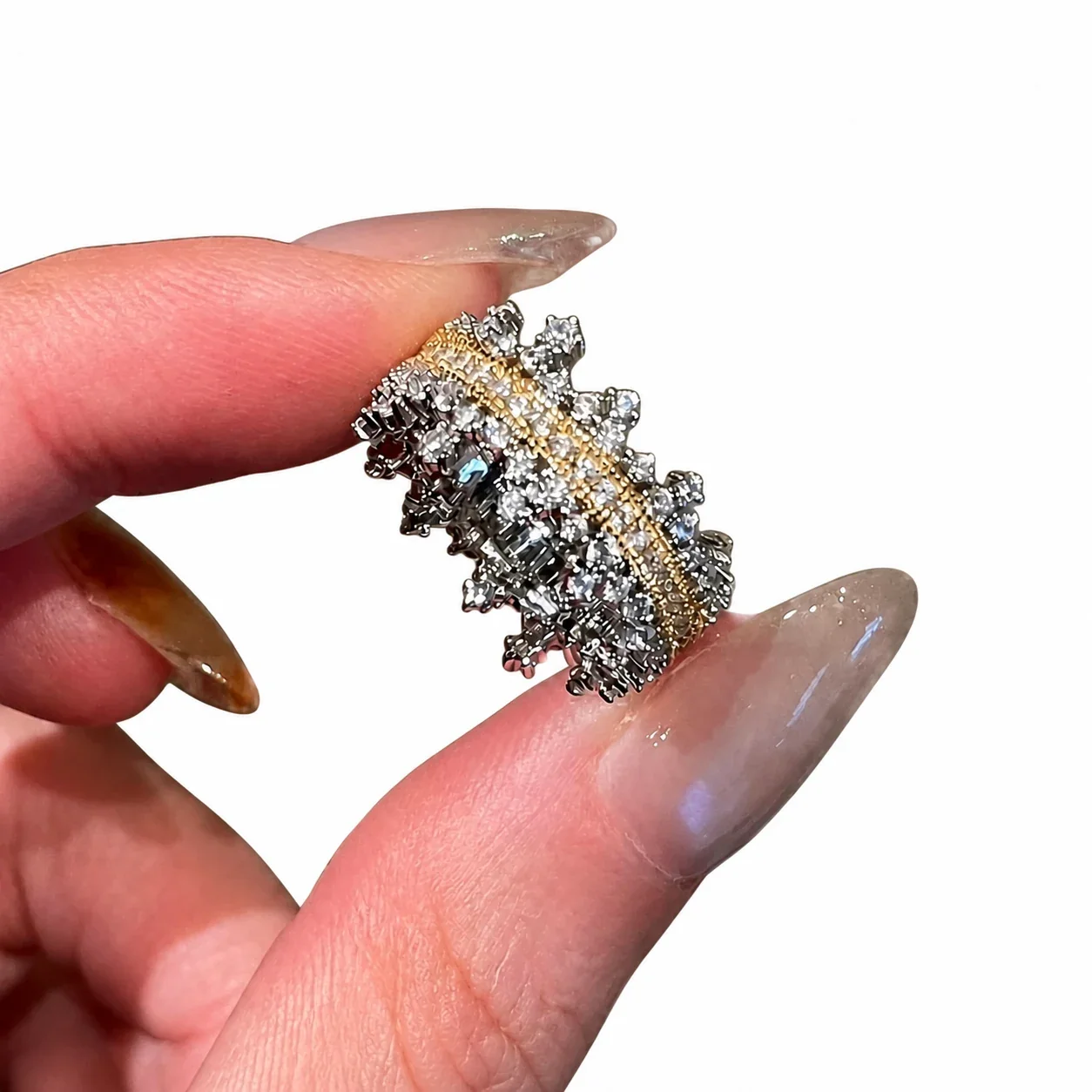 Ornate Two-Tone Copper CZ Crown Wide-Band Open Ring