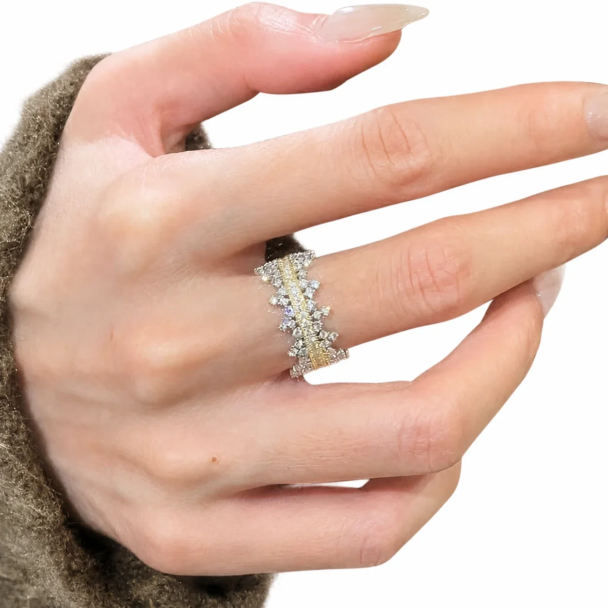 Ornate Two-Tone Copper CZ Crown Wide-Band Open Ring