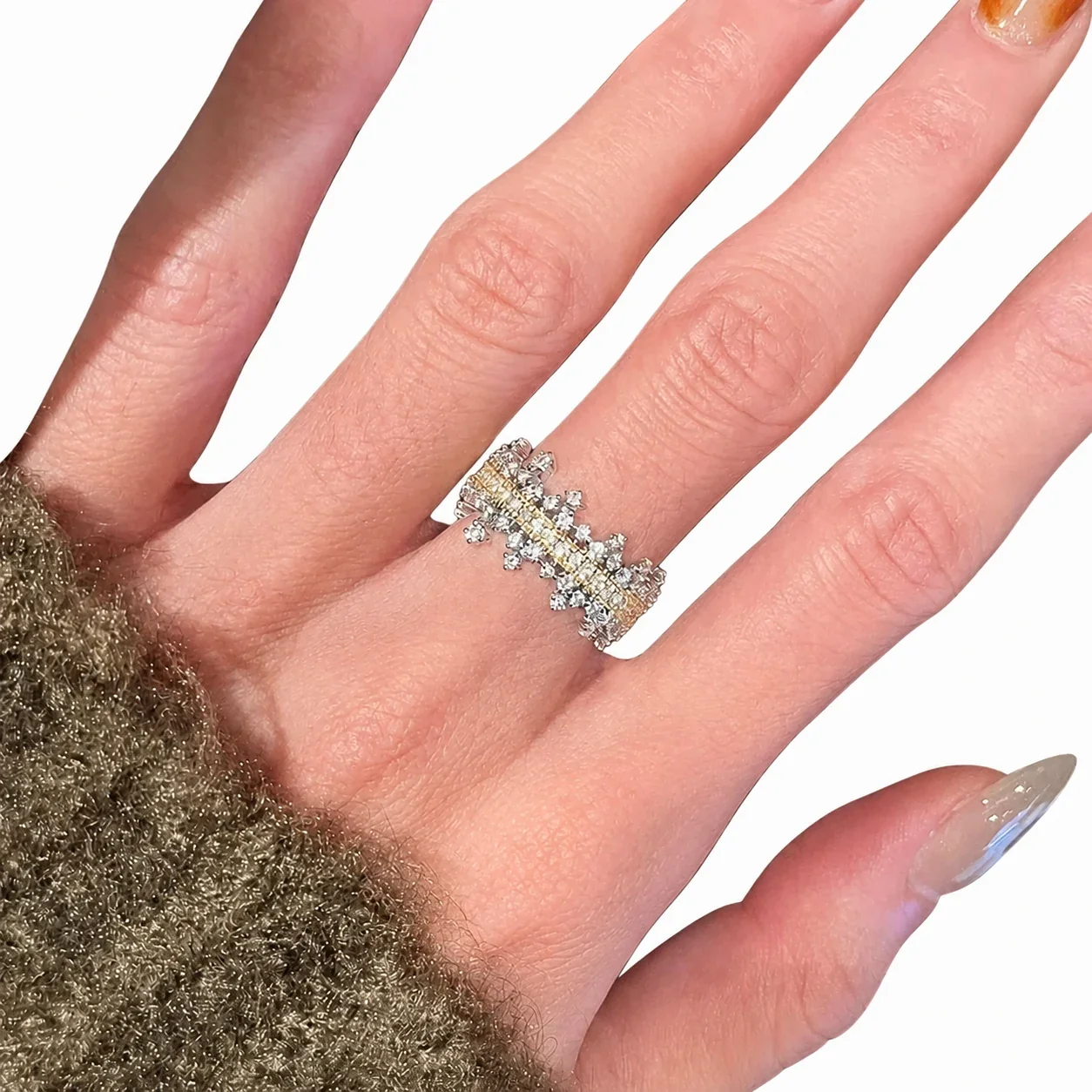 Ornate Two-Tone Copper CZ Crown Wide-Band Open Ring