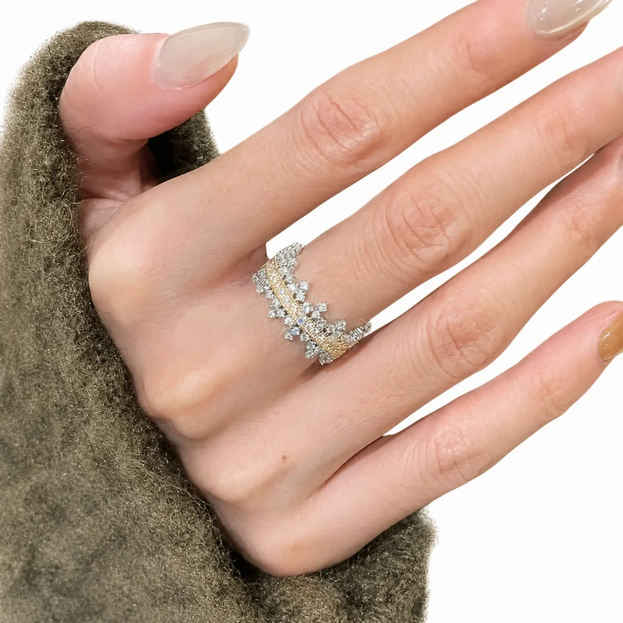 Ornate Two-Tone Copper CZ Crown Wide-Band Open Ring