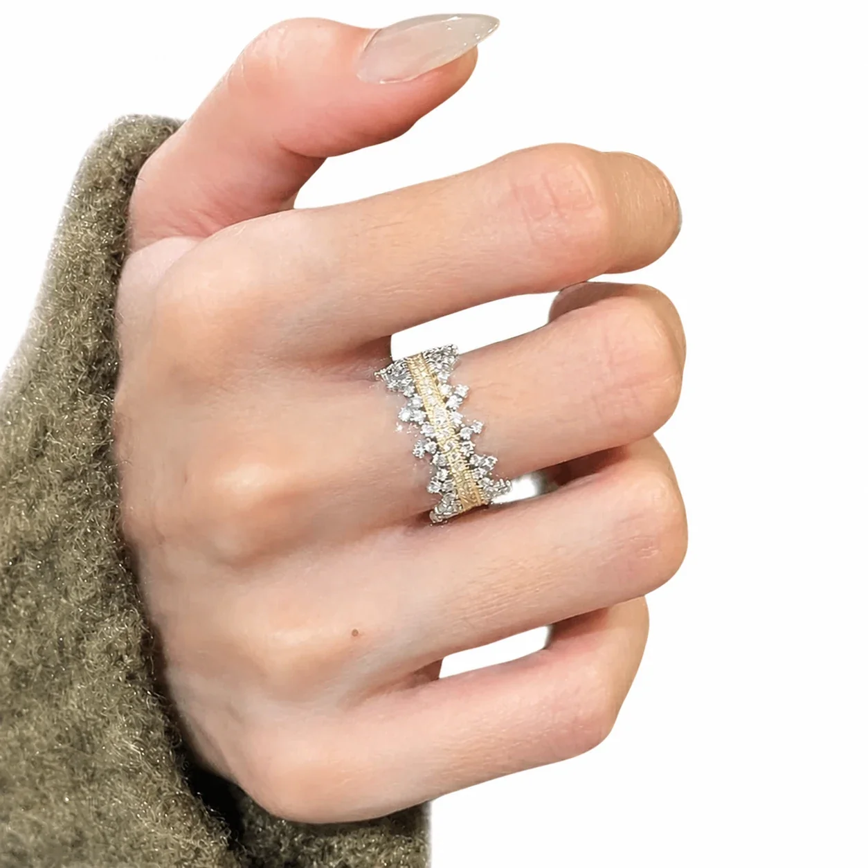 Ornate Two-Tone Copper CZ Crown Wide-Band Open Ring