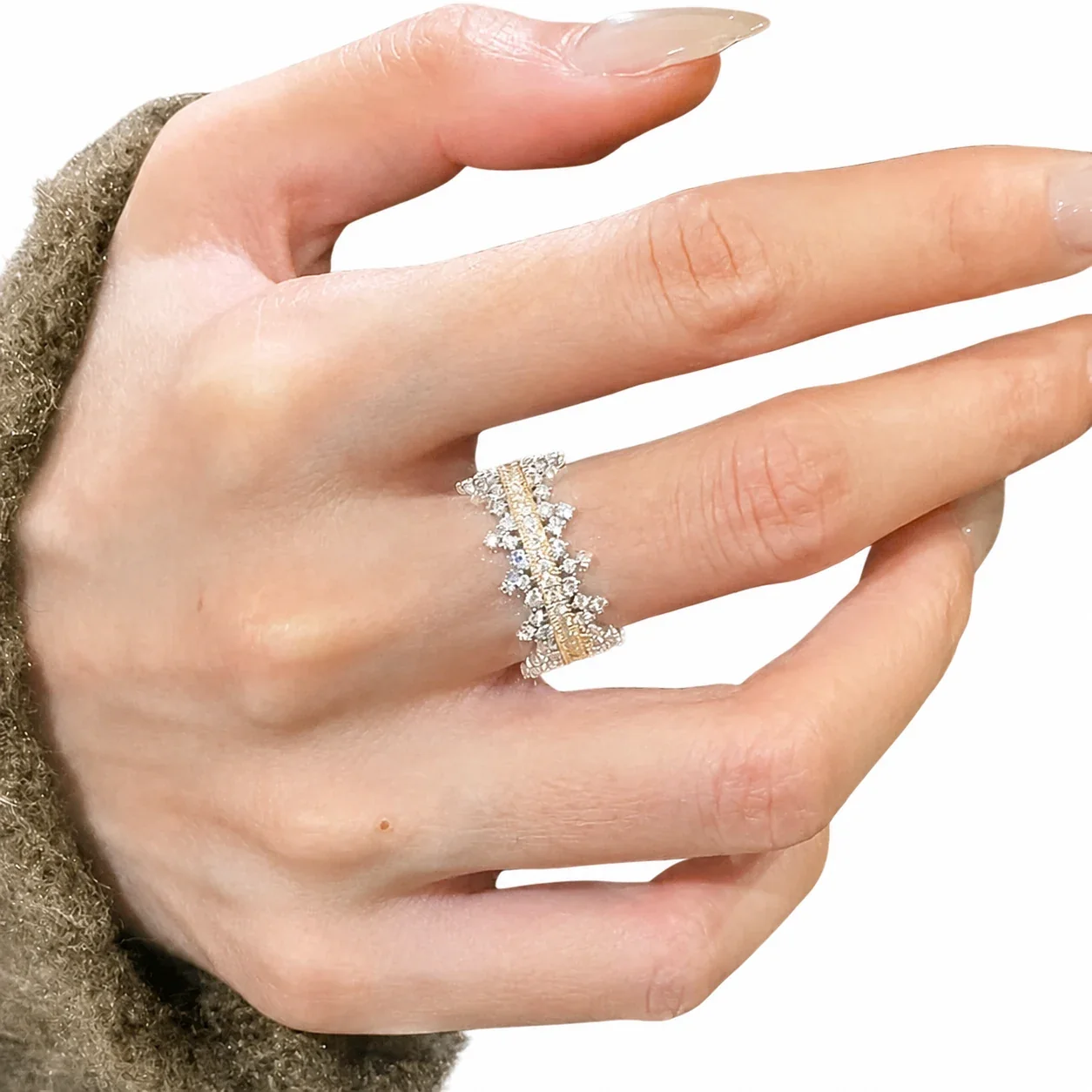 Ornate Two-Tone Copper CZ Crown Wide-Band Open Ring - Silver