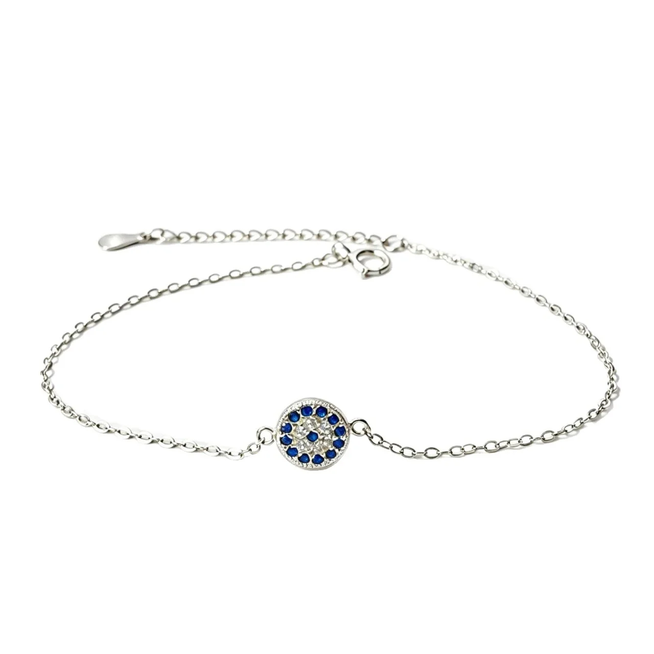 Blue CZ Evil Eye Disc 925 Sterling Silver Bracelet