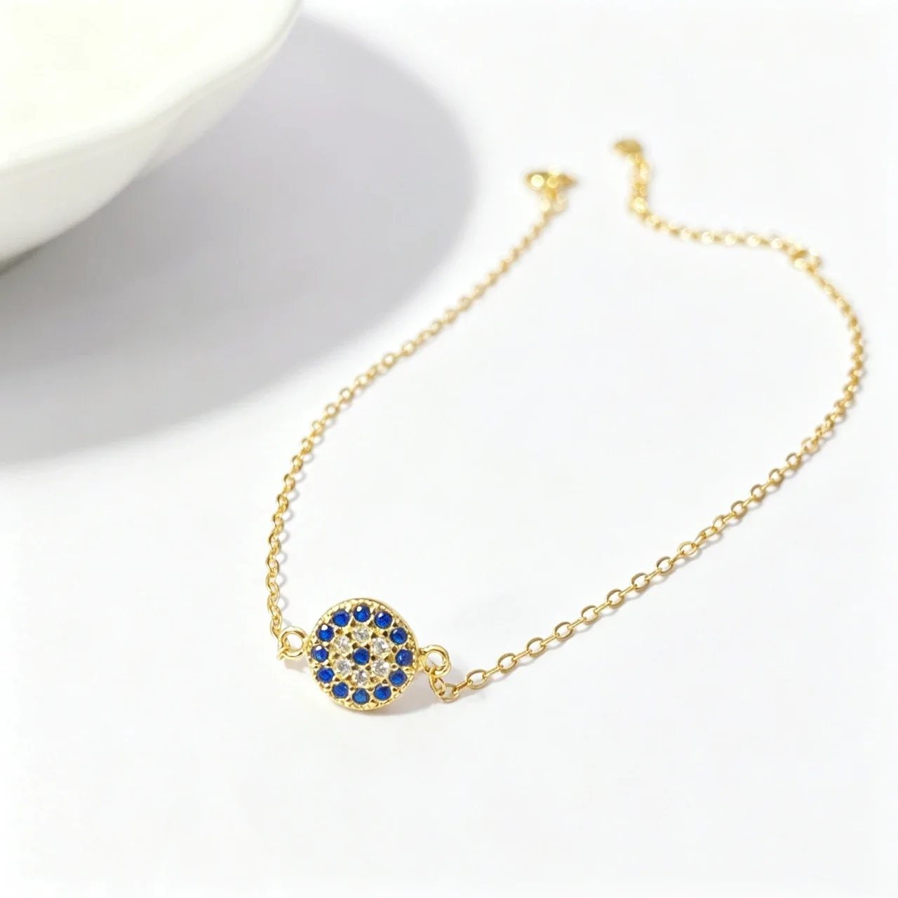 Blue CZ Evil Eye Disc 925 Sterling Silver Bracelet