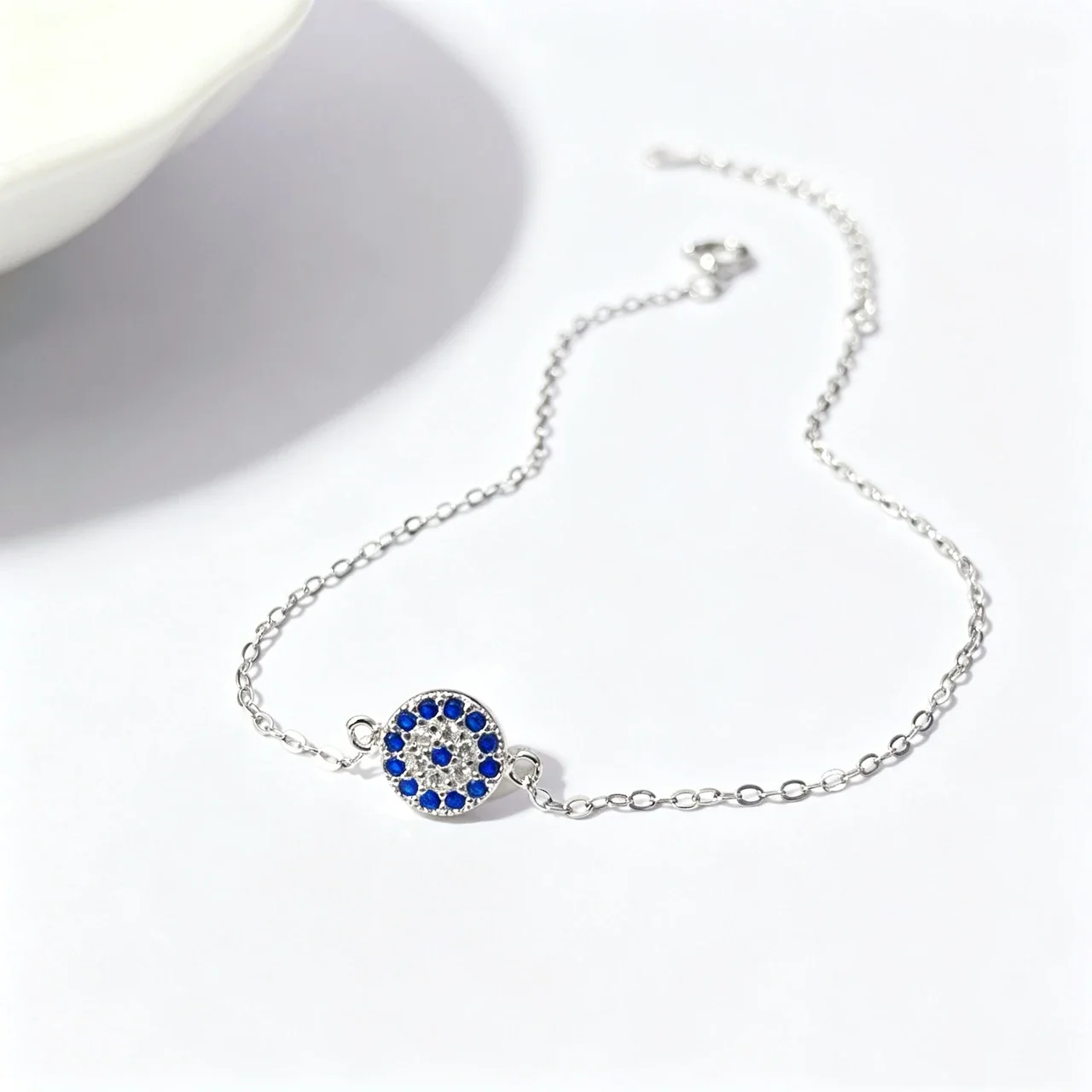 Blue CZ Evil Eye Disc 925 Sterling Silver Bracelet
