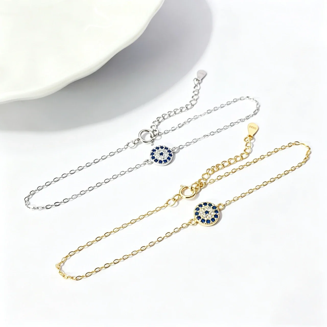 Blue CZ Evil Eye Disc 925 Sterling Silver Bracelet