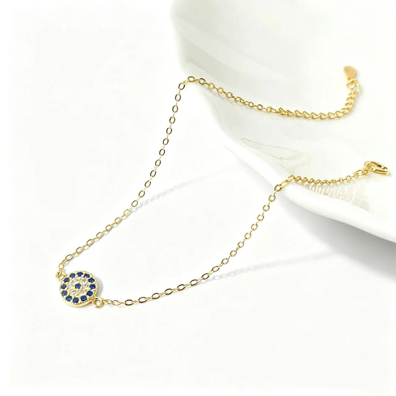 Blue CZ Evil Eye Disc 925 Sterling Silver Bracelet - Gold
