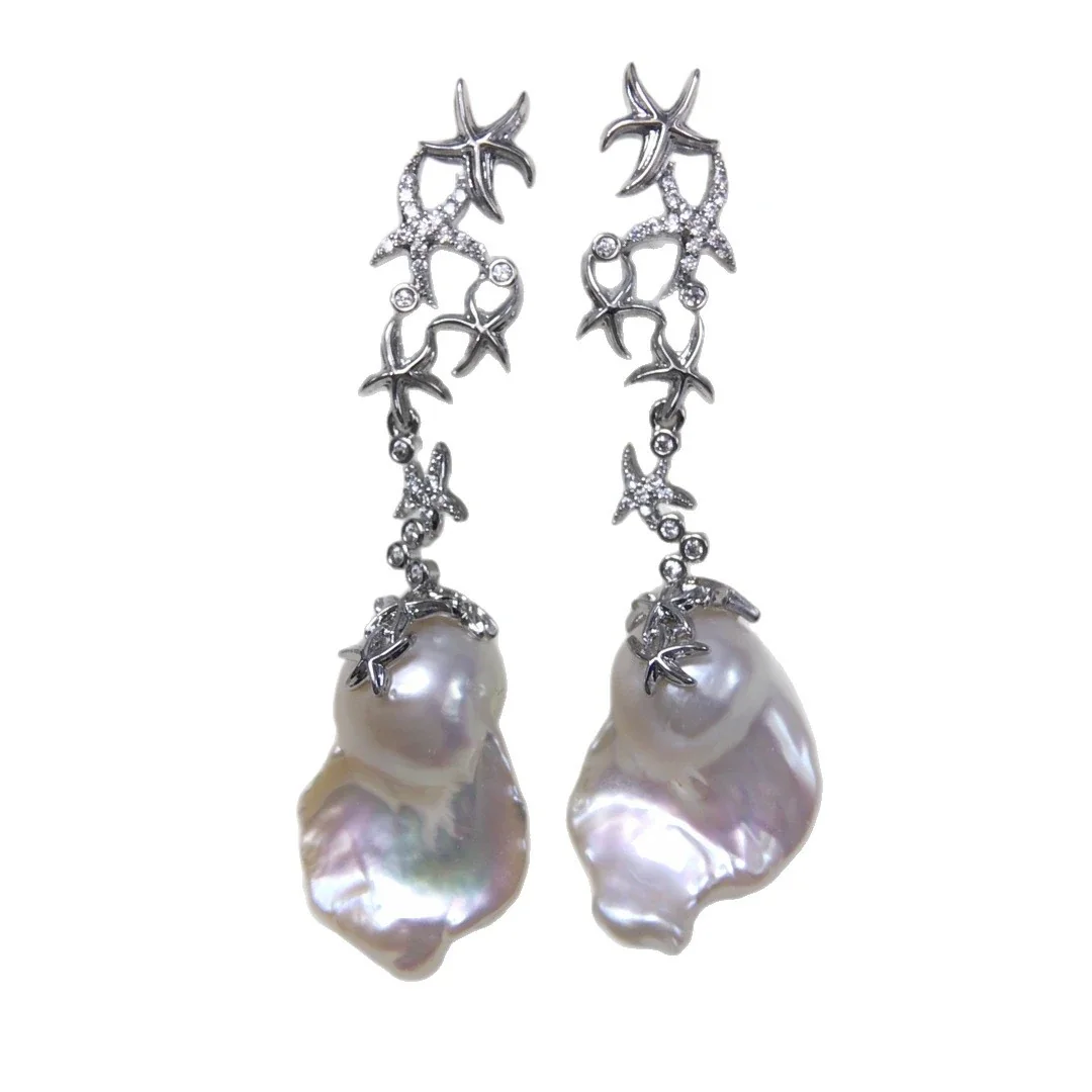Sculptural Silver-Plated Starfish Baroque Freshwater Pearl Drop Earrings