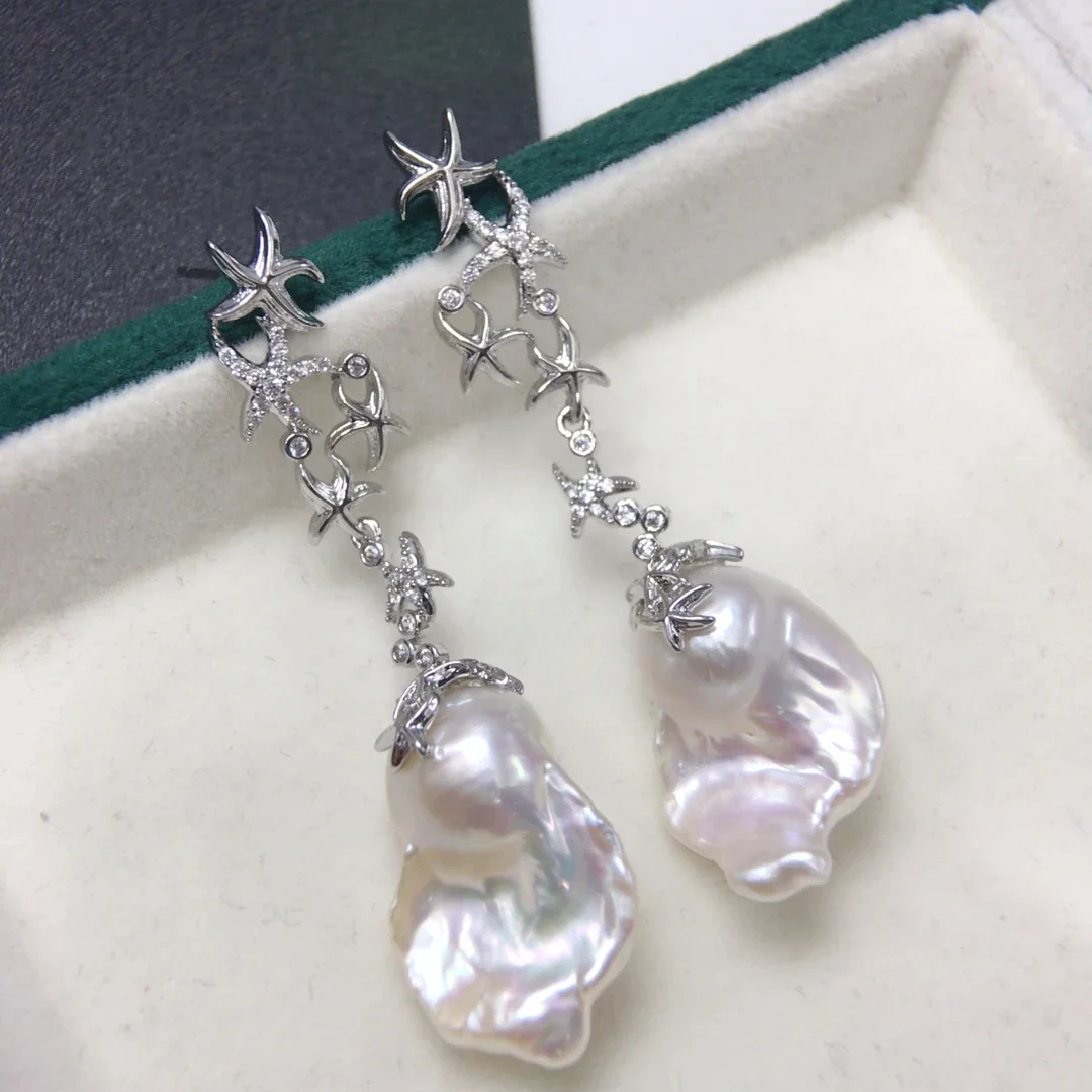 Sculptural Silver-Plated Starfish Baroque Freshwater Pearl Drop Earrings
