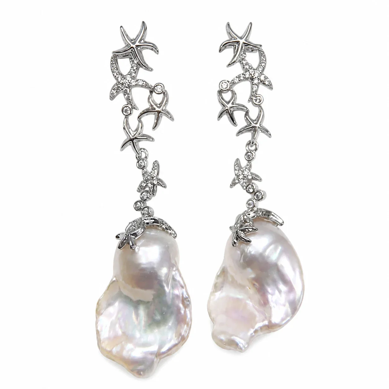 Sculptural Silver-Plated Starfish Baroque Freshwater Pearl Drop Earrings