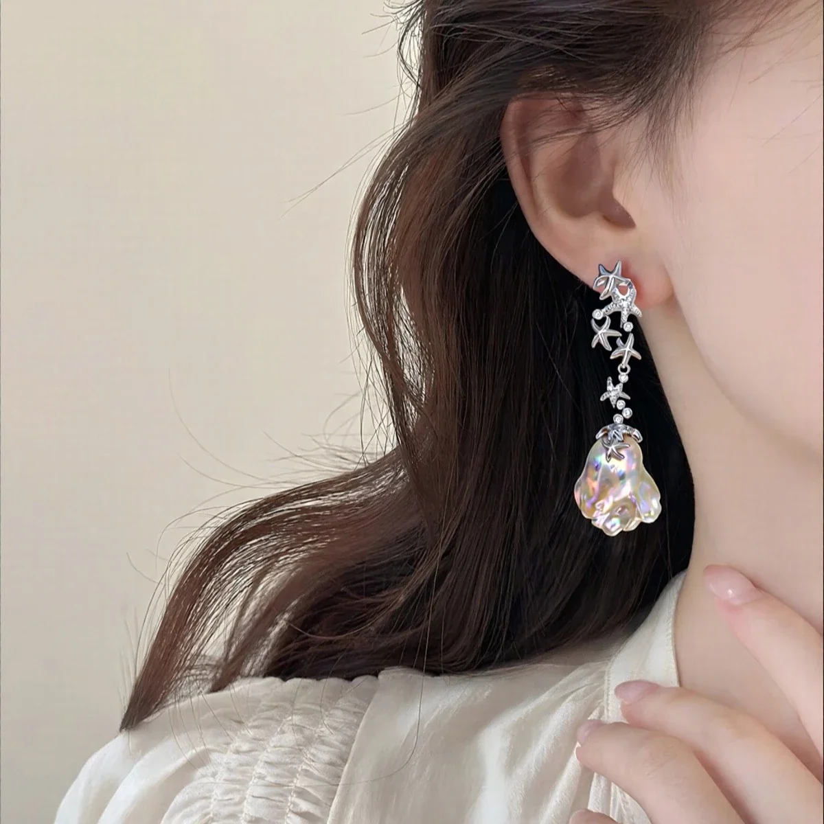 Sculptural Silver-Plated Starfish Baroque Freshwater Pearl Drop Earrings