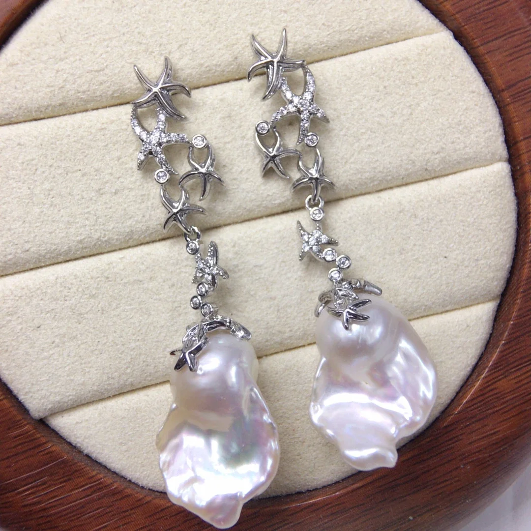 Sculptural Silver-Plated Starfish Baroque Freshwater Pearl Drop Earrings