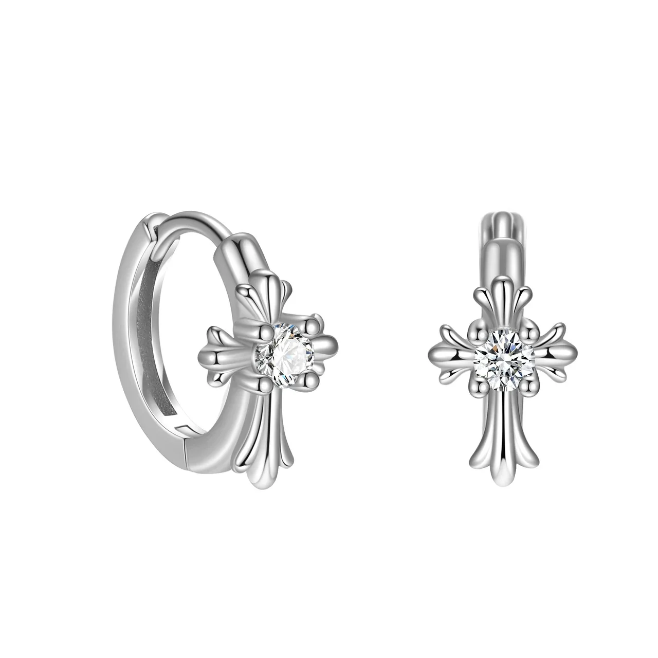 Ornate 925 Sterling Silver Cross Stone Hoop Earrings