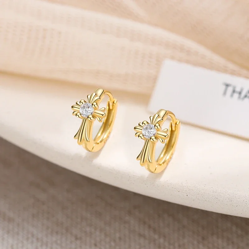 Ornate 925 Sterling Silver Cross Crystal Hoop Earrings