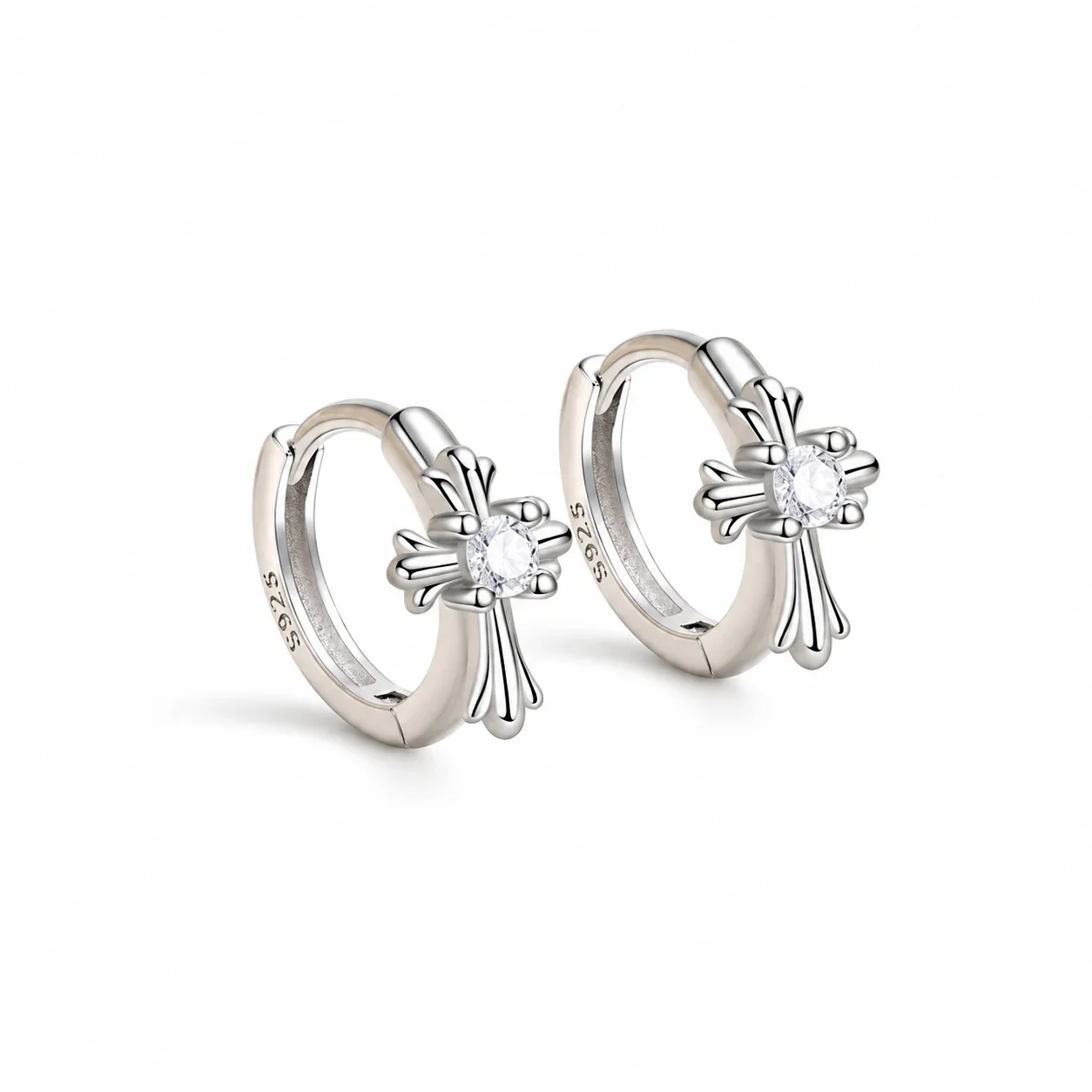 Ornate 925 Sterling Silver Cross Crystal Hoop Earrings