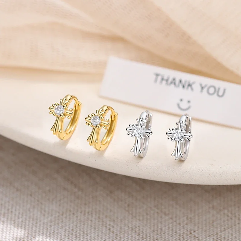 Ornate 925 Sterling Silver Cross Crystal Hoop Earrings