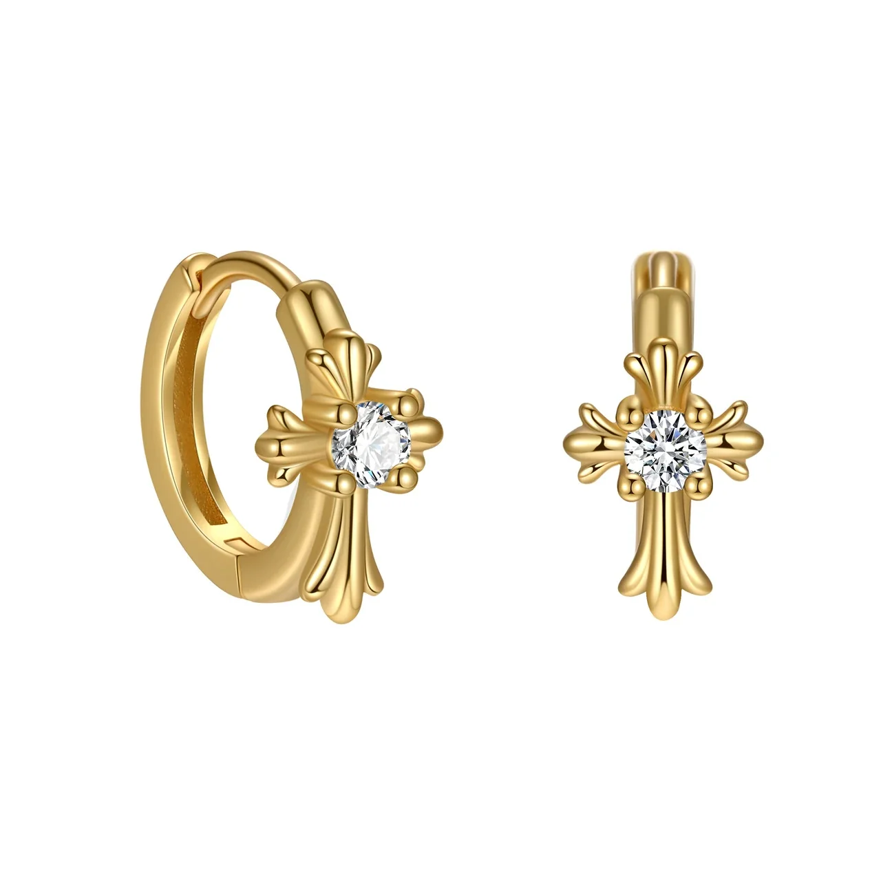 Ornate 925 Sterling Silver Cross Crystal Hoop Earrings - Gold