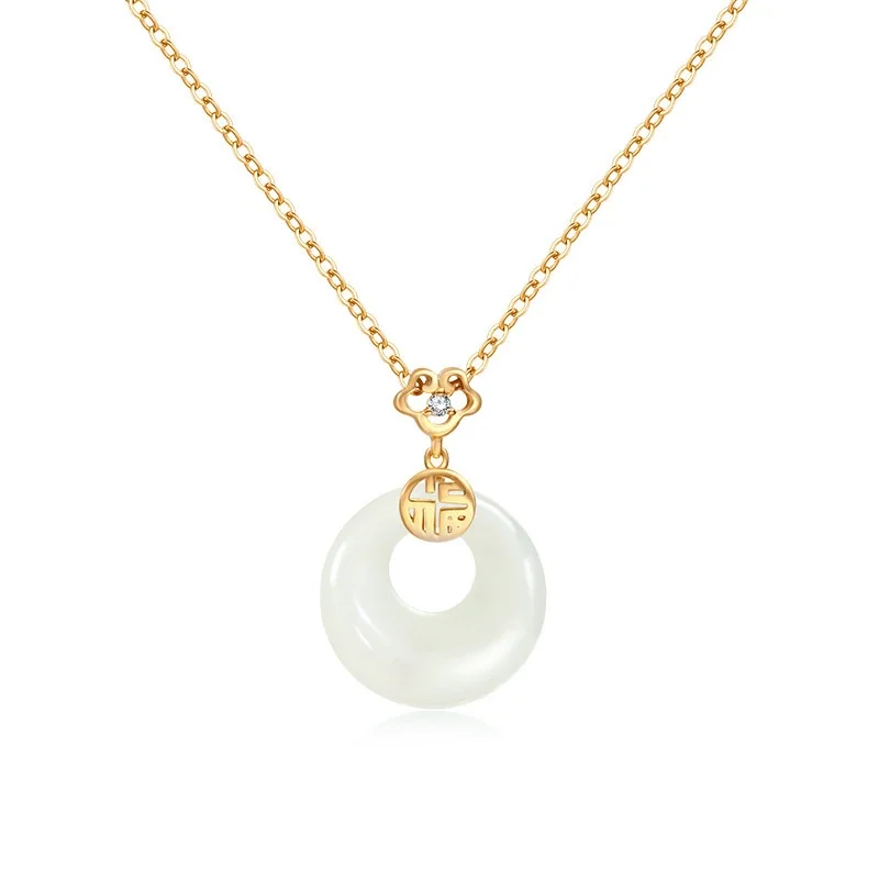 Auspicious Bi Disc Fu Motif 925 Sterling Silver Necklace - Gold Hetian Jade