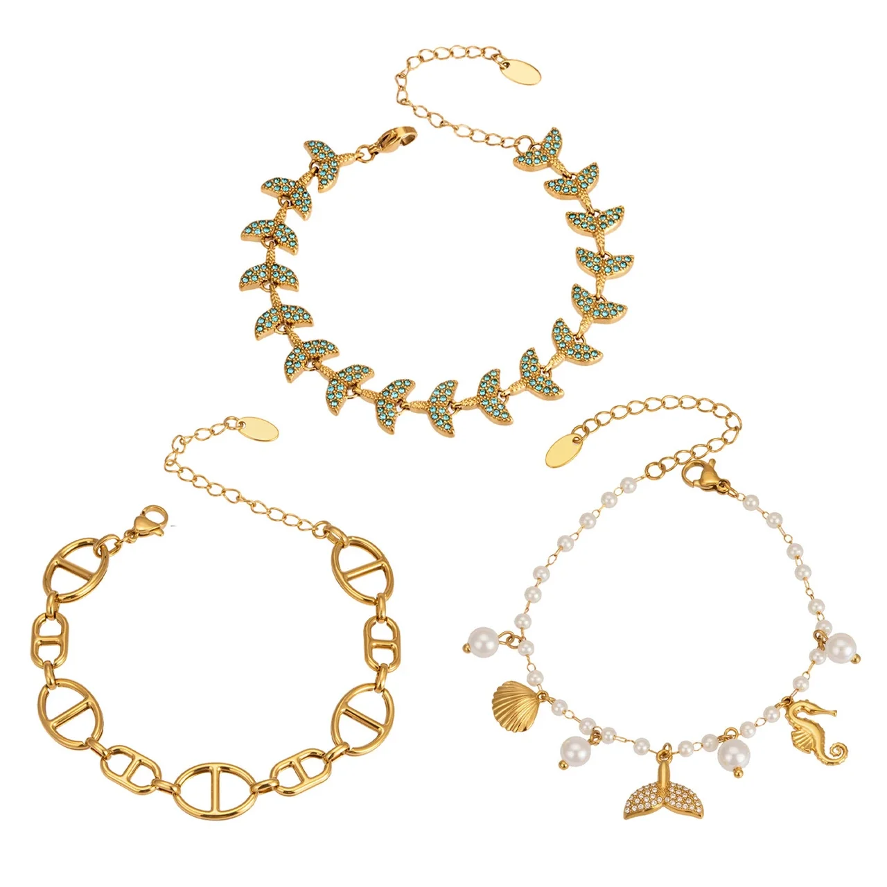 Coastal Gold-Plated Stainless Steel Pearl-Effect Charm Bracelet