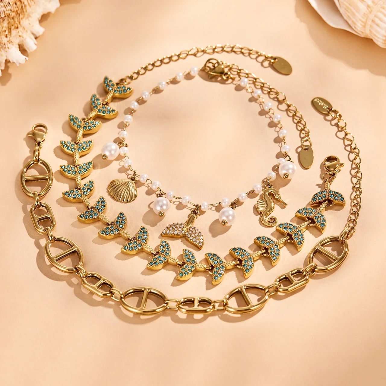 Coastal Gold-Plated Stainless Steel Pearl-Effect Charm Bracelet Set