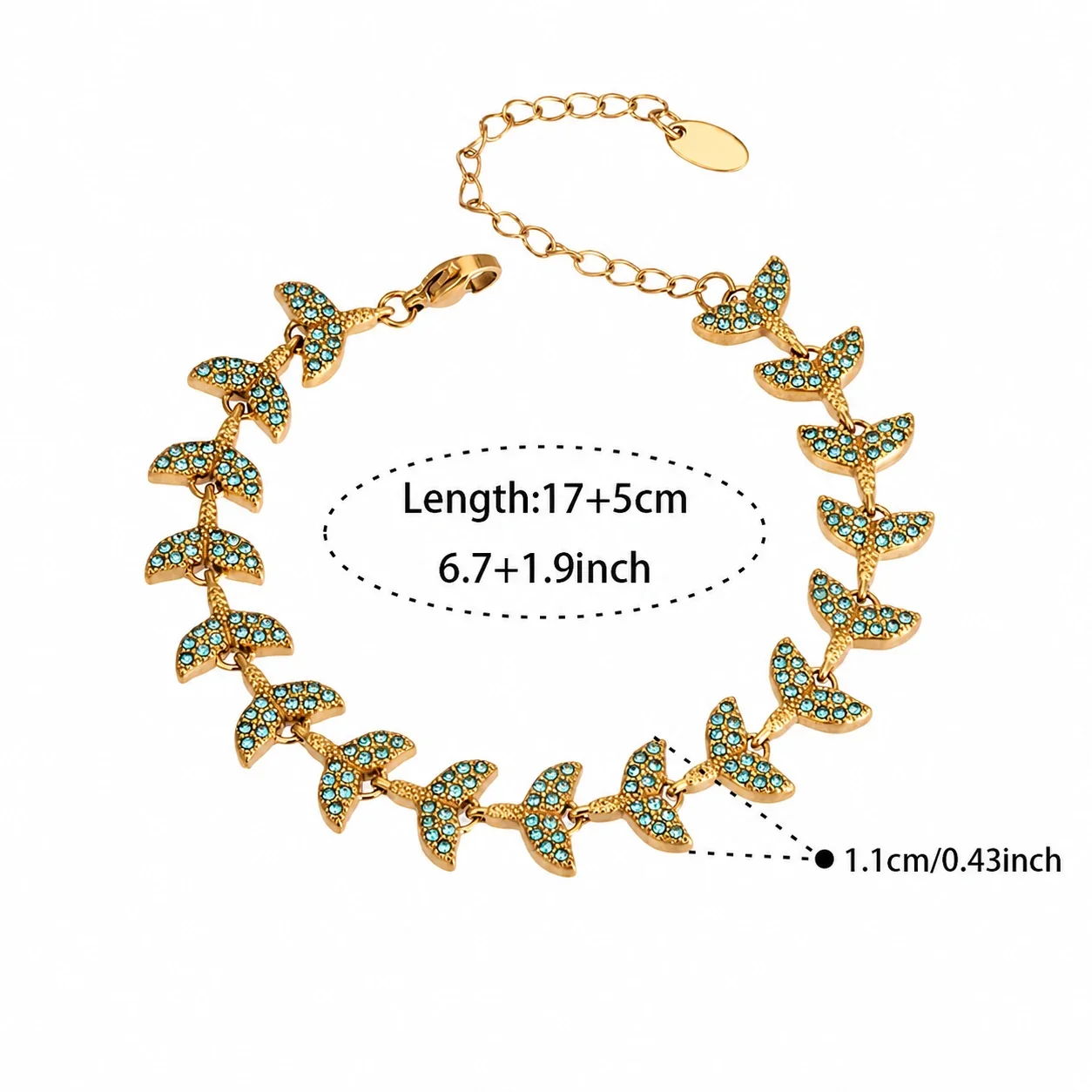 Coastal Gold-Plated Stainless Steel Pearl-Effect Charm Bracelet - Gold Blue 5A CZ Fish Tail 17+5 cm